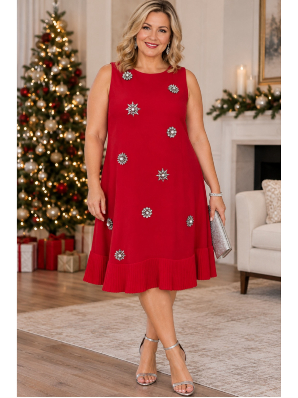 Taylor Red Midi Dress with Silver Embellishments, Women's Plus Size 14